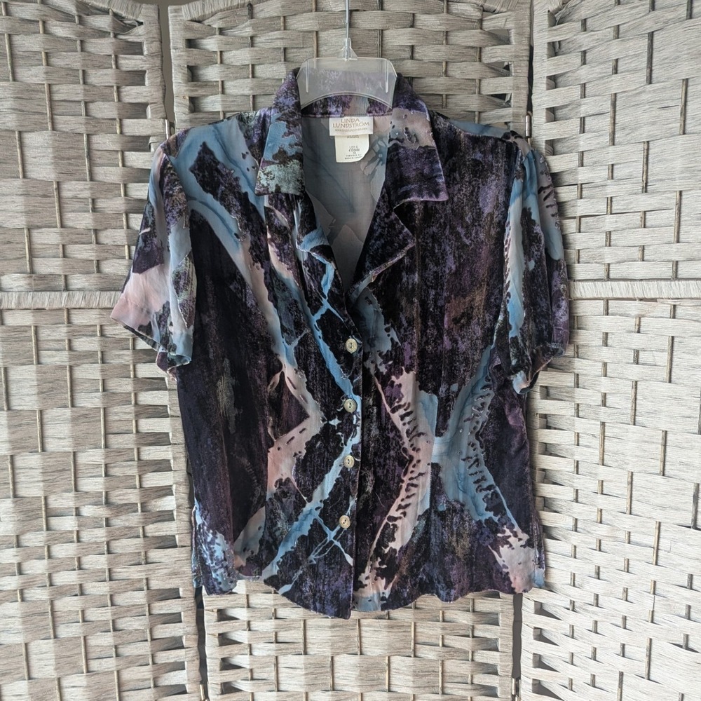 Vtg Velvet Burnout Button Front Top Black Purple Sz 10 Whimsigoth Semi Sheer